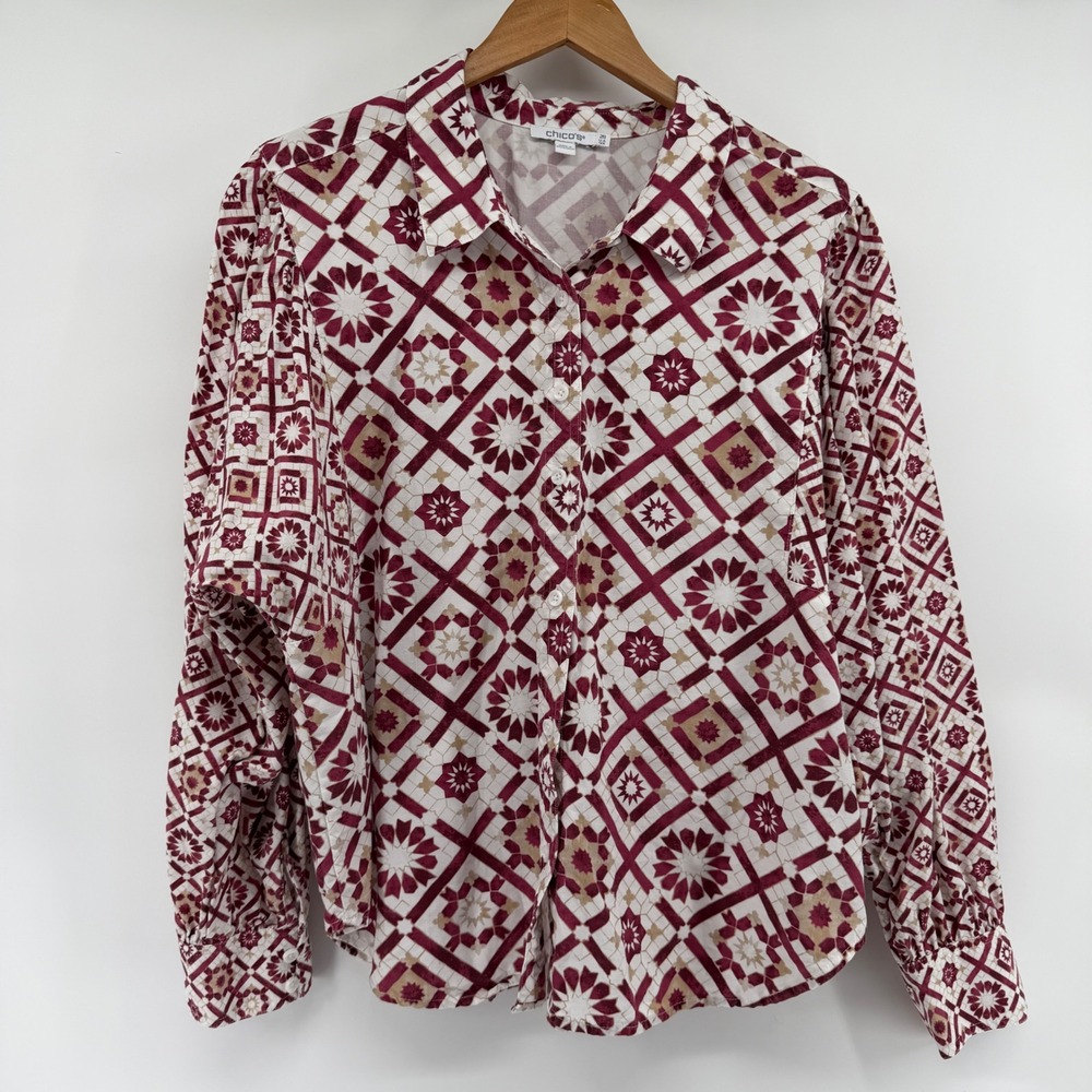 Chicos Tencel Linen Geometric Tile Print Button Down Shirt Burgundy White Size 2